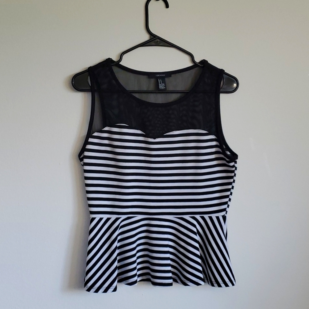 Forever 21 Peplum Mesh Black Stripe Tank Top Used M